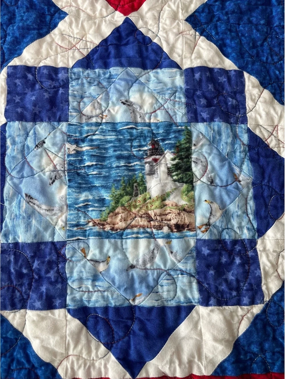 Handmade Nautical Themed Quilt w Sailboat & Lighthouse Blocks Red Blue 54” x 44”